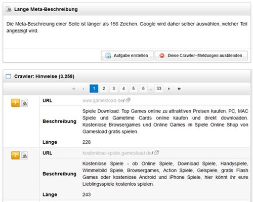 Abbildung 9: Bericht zu langen Meta-Beschreibungen