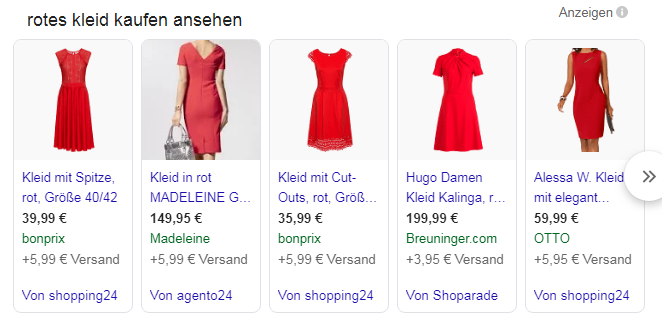 Abbildung der Google Shopping Integration in der Universal Search