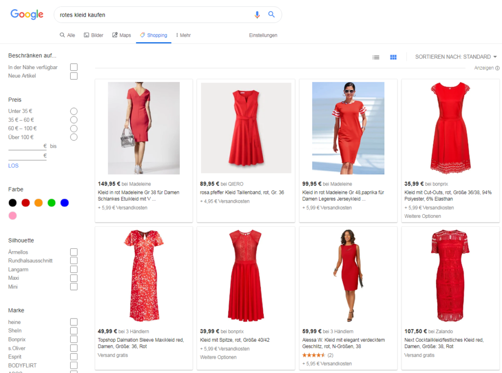 Abbildung Oberfläche von Google Shopping