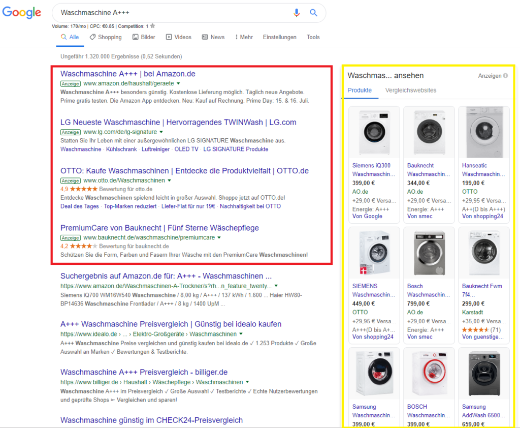 Abbildung Paid Search Anzeigen bei Google