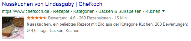 Rich Snippet Suchergebnis für das Rezept eines Nusskuchens