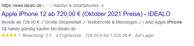 Rich Snippet für Produktsuche mit Bewertungen