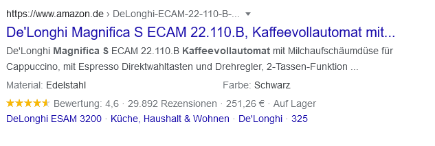 Rich Snippet mit Preis und Verfügbarkeit bei Produktsuche