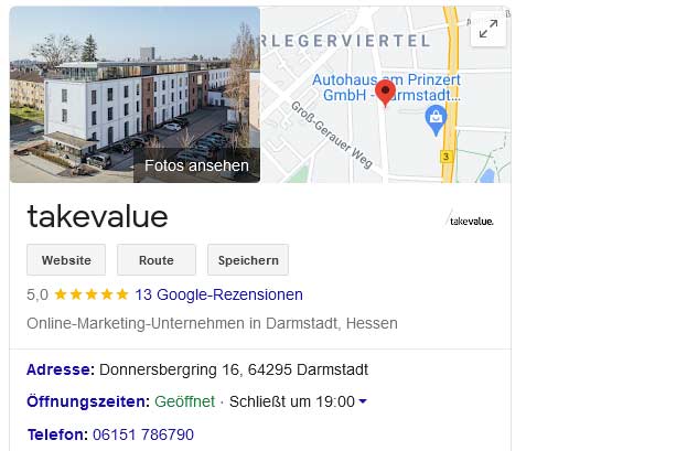 Google Rich Snippet für ein Unternehmen - takevalue Consulting GmbH