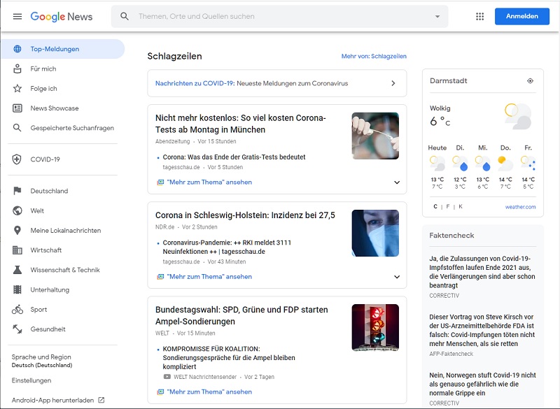 Google News Screenshot vom 11. Oktober 2021