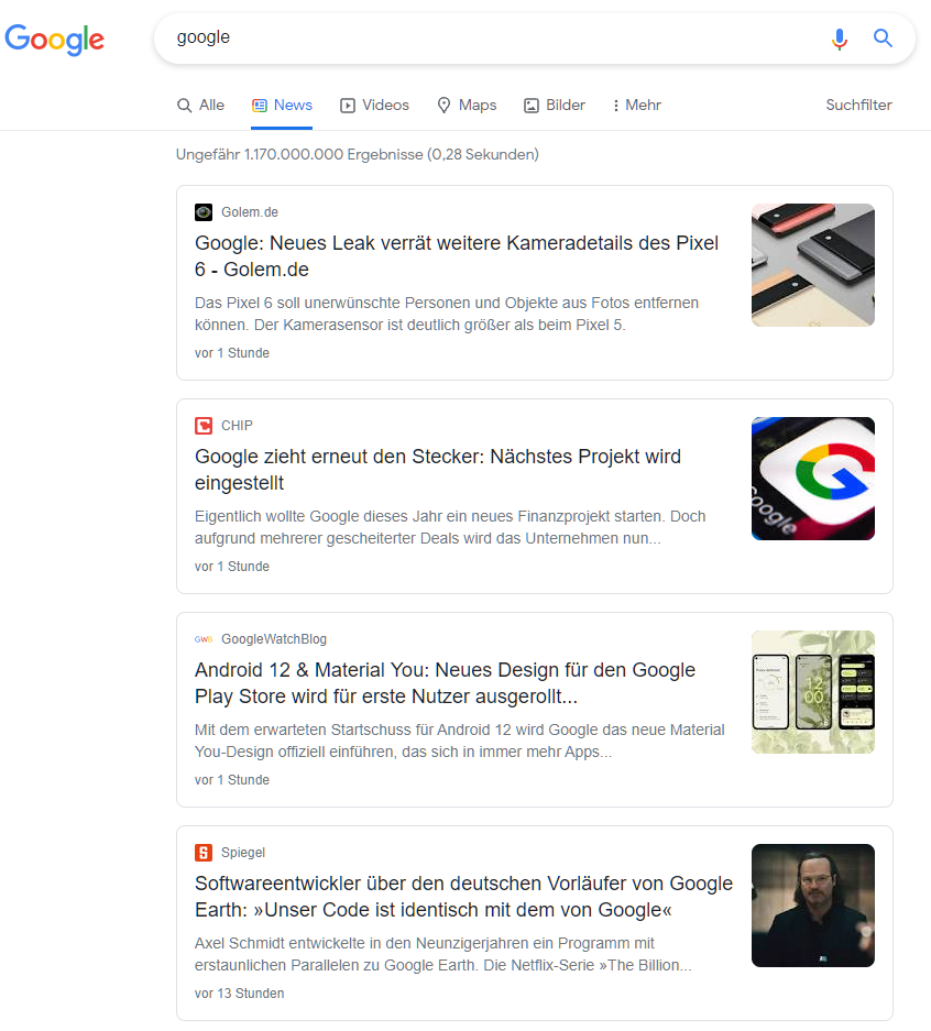 Registerkarte News in der Google-Suche