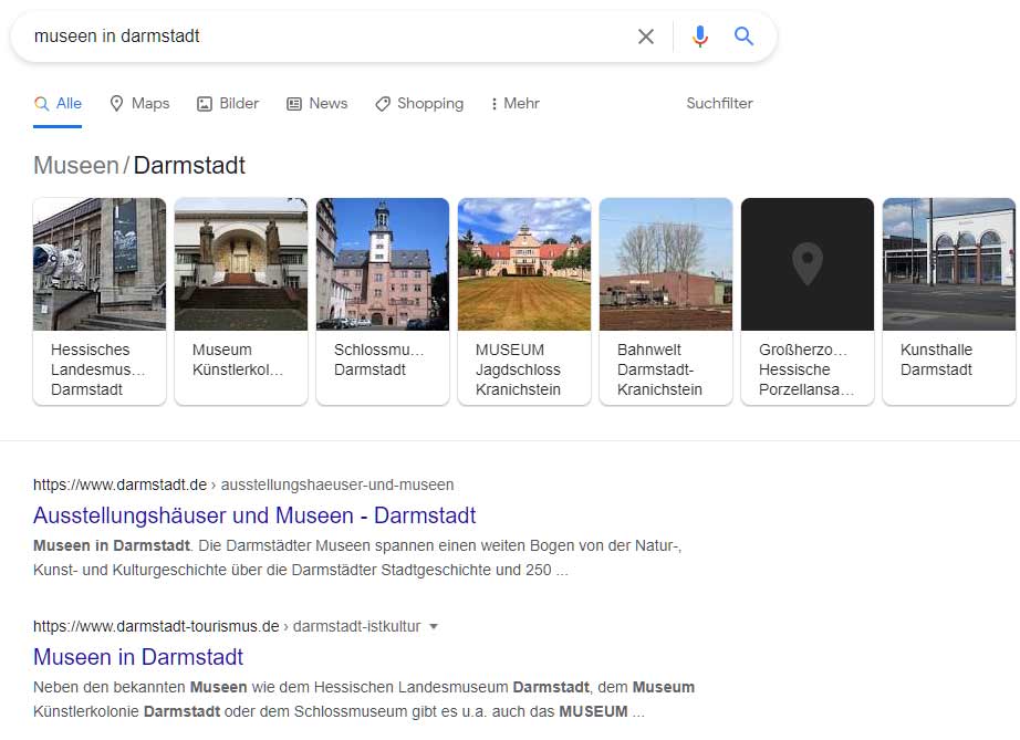 Screenshot Google Knowledge Graph, Karussell: Museen in Darmstadt