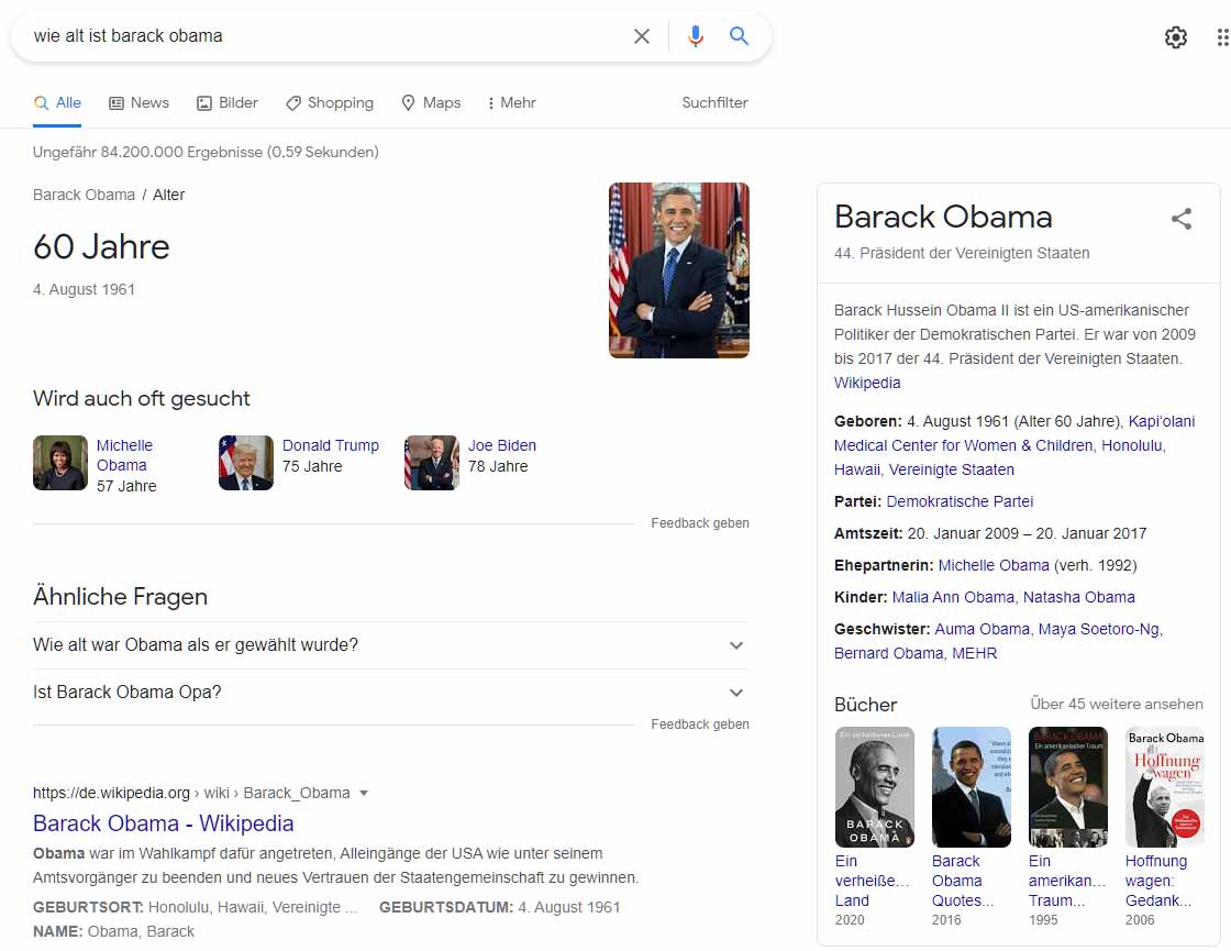 Direkte Antwort im Knowledge Graph auf die Frage "Wie alt ist Barack Obama?"