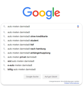 Google Suggest zum Keyword auto mieten darmstadt 