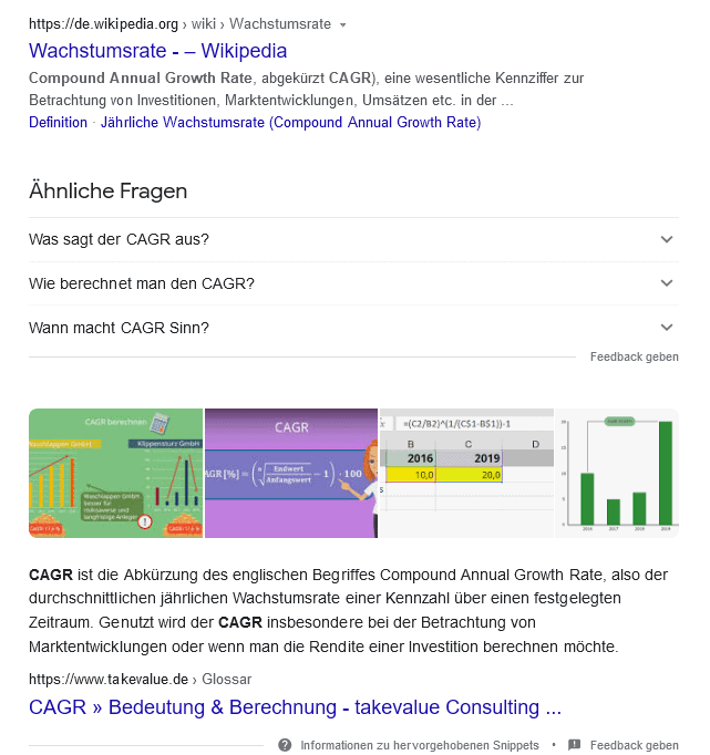 Google Suche nach CAGR - Glossareintrag als Featured Snippet