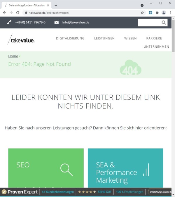 404 - Seite nicht gefunden: Meldung bei www.takevalue.de, wenn aufgerufene URL nicht existiert