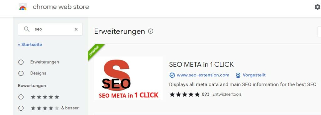 SEO Chrome Extension, Screenshot einer SEO Extension